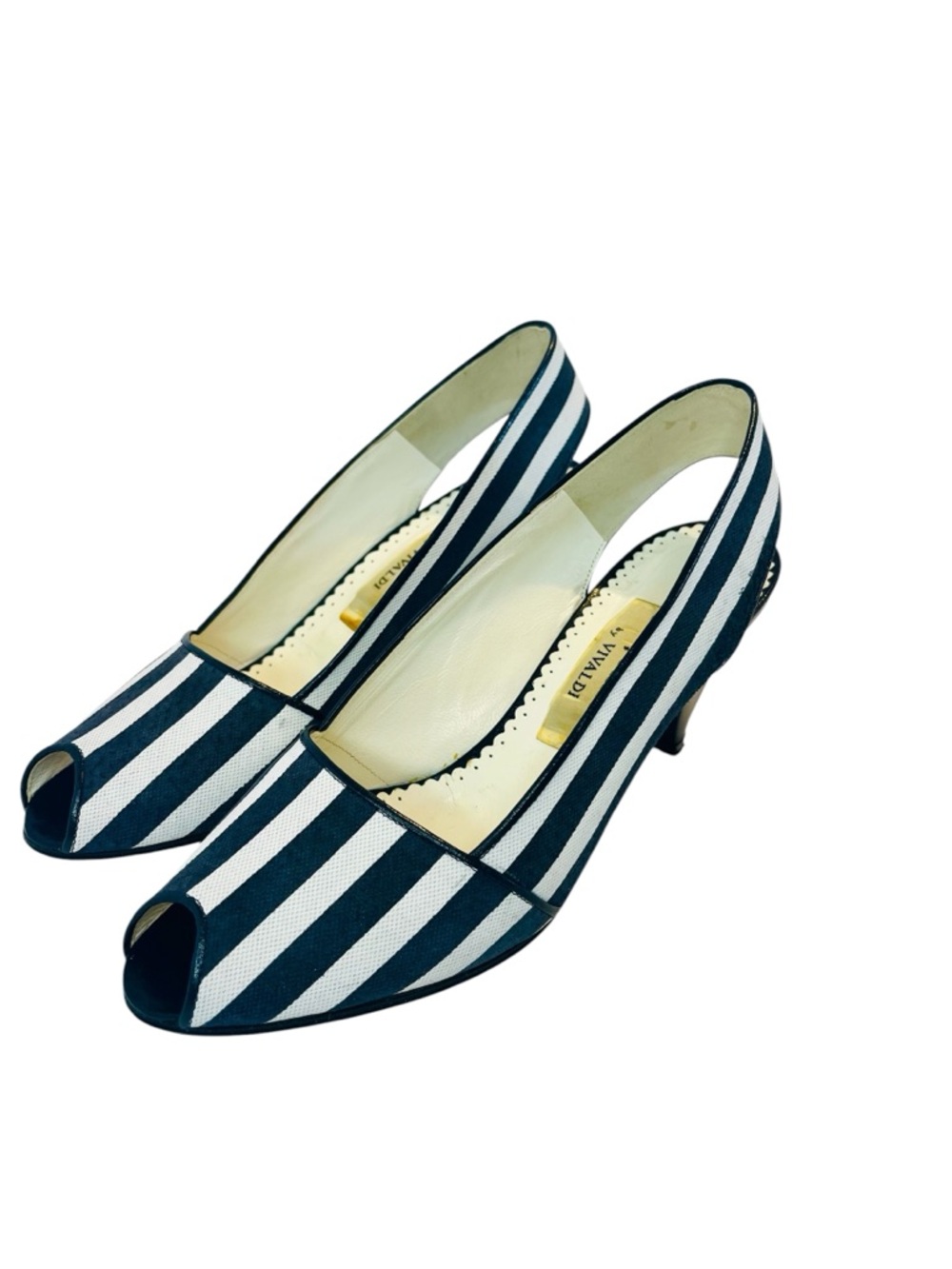 Garconne by Vivaldi Striped Slingback Heels EU 36.5 US 6.5 Navy White Peep Toe